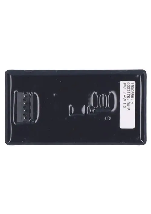 Judo RFID-Modul mit fünf Anschlussstiften auf der linken Seite, schwarzes Gehäuse, zwei weitere sichtbare Markierungen, Gesamtansicht der Rückseite des Moduls.